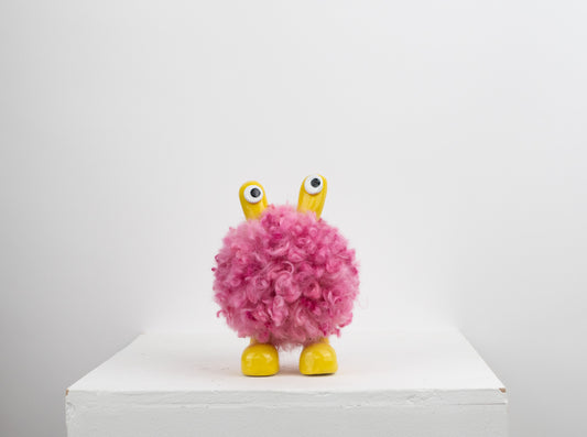 Nico Monster Sculpture- Yellow with Pink Fluff