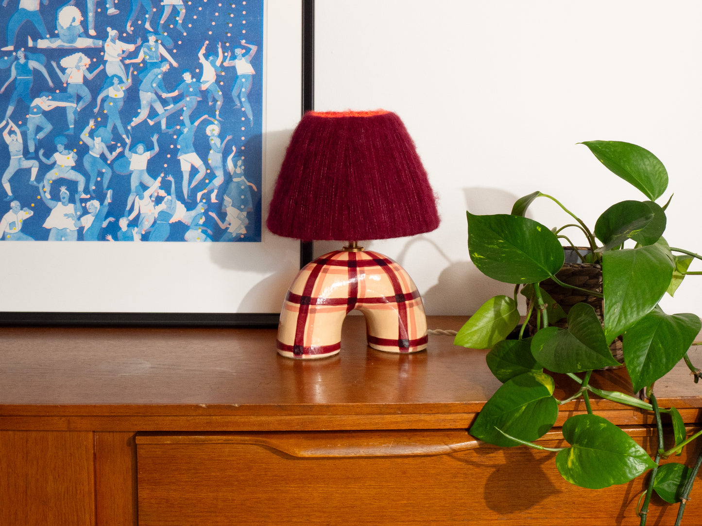 'Me' Table Lamp - Maroon Gingham