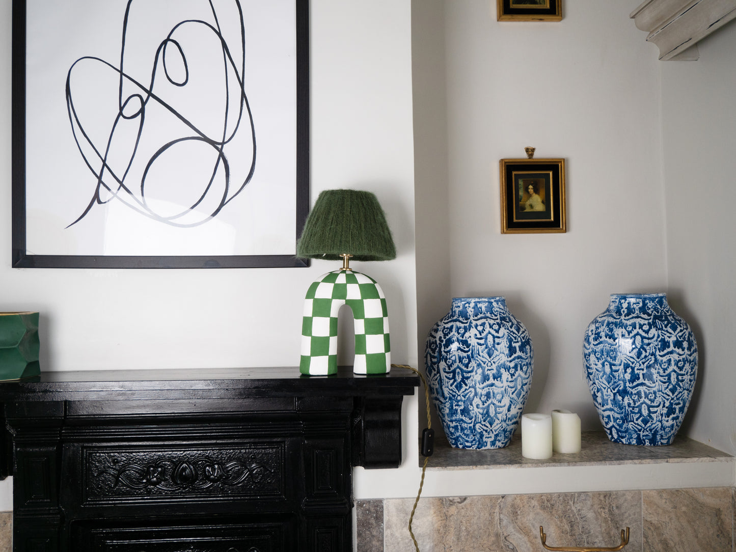 'You' Table Lamp - Forest Green Checkerboard